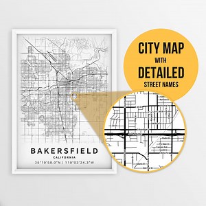 Printable Map of Bakersfield, California, USA With Street Names - Instant Download \ City Map \ Travel Gift \ City Poster \ Road Map Print - Etsy