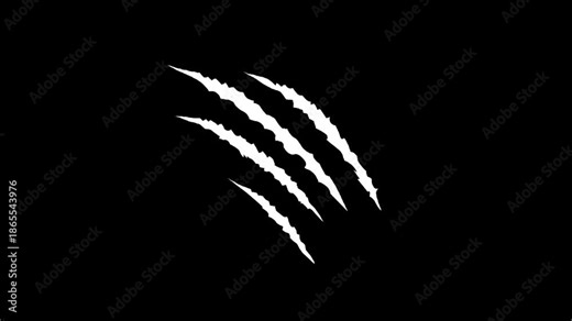 Animal claw scratching effect on a black screen. Animation of claws tearing a surface in 4K resolution with alpha channel.