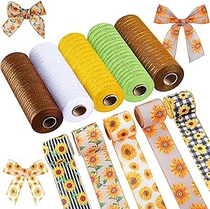 Woanger 10 Rolls 2.5inx7 Sunflower Wired Edge Ribbon and 10inx10 Yard Sunflower Mesh Ribbon Buffalo Plaids Spring Summer Decorative Craft Ribbon for Gift Wrapping Decor Hair Bow Sewing Wreath Crafts