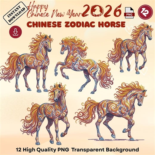 Chinese Zodiac Horse PNG Clipart | 2026 Lunar New Year Art (digital Download) - Etsy