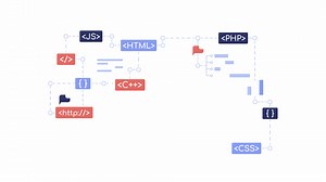 Animated computer language elements. Programming and coding. Full sized flat icons 4k video footage with alpha channel. Color cartoon style illustration on transparent background for animation