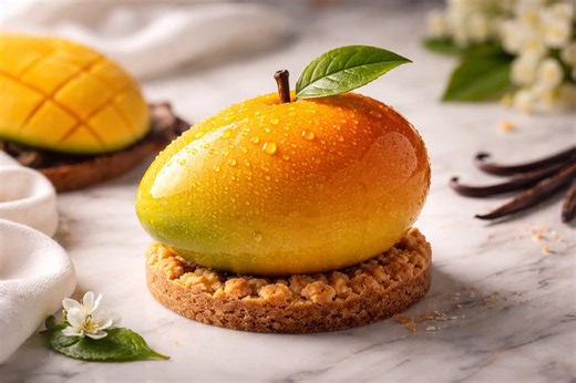 Gâteaux à la mangue et aux fruits comme Cedric Grolet Recette de la garniture aux fruits - environ 400 g de mangues TK en purée - 1 mangue et demie mûres (coupées en petits cubes) - Jus d'un citron vert entier - une demi-poignée de menthe - 3 fruits de la passion - 1 EL Miel (facultatif) - une bonne gorgée de pulpe de mangue Purée de mangue congelée Morceaux de mangue fraîche, fruit de la passion, citron vert, menthe, pulpe de mangue et 1 miel servi avec Remuer le tout, remplir 2s par ramequin e