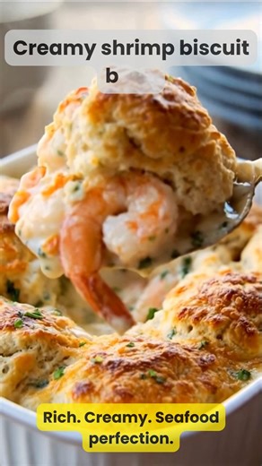 Creamy Shrimp Biscuit Bake Golden, fluffy biscuits sitting in a rich, creamy shrimp sauce—this cozy, oven-baked dish is pure comfort and guaranteed to stop the scroll. Ingredients 1 lb (450 g) raw shrimp, peeled and deveined 1 can (16 oz) refrigerated biscuit dough, quartered 3 tbsp unsalted butter 3 cloves garlic, minced 2 tbsp all-purpose flour 1 ½ cups heavy cream ½ cup chicken or seafood broth 1 cup shredded cheddar cheese ½ cup grated Parmesan cheese 1 tsp Old Bay seasoning (or Cajun season