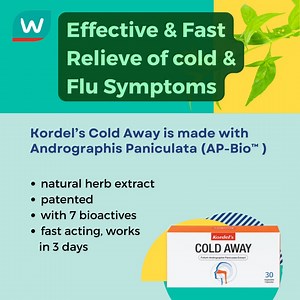 1 capsule 2 times daily is all you need to stay safe and quicken recovery. 📢 Get the discomfort away with Kordel’s Cold Away! 😉 It contains the patented and clinically proven Andrographis Paniculate, AP Bio™. ✨ The AP Bio™ is a unique extraction standardized to >30% Andrographolide and is clinically proven to enhance the immune system and aid in recovery! So, why wait? Get your hands on it NOW from the nearest #WatsonsMalaysia STORES and ONLINE! 🛒👉🏻 https://bit.ly/3PtH1vx Start defending yo
