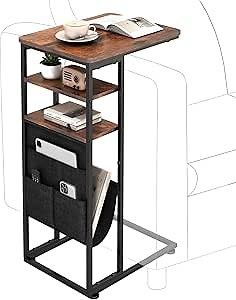 C Shaped End Table 28"(H) 3-Tier C Table with Storage Bag, Under Couch Table C-Shaped End Table with Storage Shelves and Bag for Living Room, Bedroom, or Office