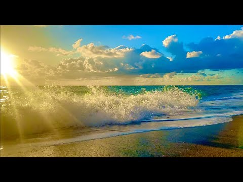 4K Majestic Ocean Waves Crashing on Sunlit Beach | Relaxing Wind & Golden Rays for Sleep 8 Hours