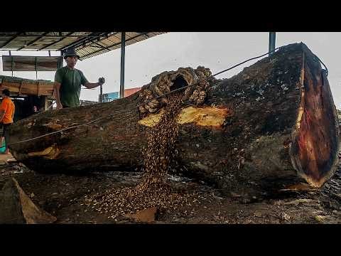 This chainsaw machine almost exploded when it was trying to cut a large piece of wood!!