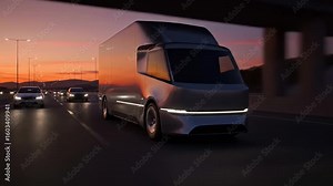 Modern design of fully autonomous driverless self driving delivery truck on the highway. Fully autonomous driving delivery