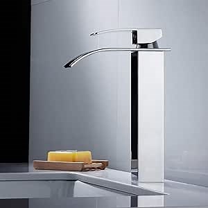 Bathroom Vessel Faucet Tall Waterfall Faucet with Wide Single Handle, Vessel Sink Bathroom Faucet with Large Rectangular Spout and Supply Hoses (Chrome)