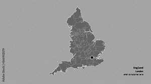 Telford and Wrekin, unitary authority of England, with its capital, localized, outlined and zoomed with informative overlays on a bilevel map in the Stereographic projection. Animation 3D
