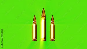 Bullet green screen animation. Cinematic of three bullet shot on green screen. Seamless loop. Chroma key. 4K. Perfect for video game intros, military, logo or explainer videos.