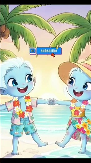 two alien children dancing on the beach