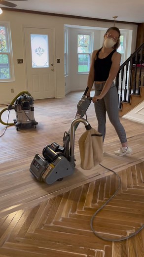 Just learning as I go! I should have started with the drum sander. It is working so well! #diy #hardwoodflooring #hardwoodfloors #refinishingwoodfloors #sanding #drumsander #herringboneflooring #diyflooringproject