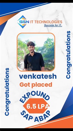SSN IT Technologies on Instagram: "Congratulations Venkatesh..... got placed in EXPOUND with 6.5 LPA as a SAP ABAP Consultant SSN IT TECHNOLOGIES PVT LTD, Offering all kind of software technologies trainings along with Placements #SAP ABAP#SAP ABAP ON HANA#SAP FICO#SAP MM / EWM# JAVA FULL STACKGEN AL AND AL/ML digitalmarketingtraining pythontraining automationtestingtraining sapabaptraining javafullstacktraining awscourse devopscourse manualtestingcourse jobopportunity realimetraining placements