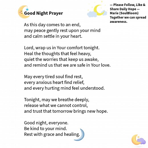 ✨ “Lord, grant us peace tonight. Heal the thoughts we don’t talk about.” Daily Hope ❤️ #findjoyinnature #enhancewellbeing #SoulBloom #TogetherWeRise #PMHA #breakthestigma #WorldMentalHealthDay #DailyHope #mentalhealthmatters #motivation #spreadloveandkindness #spreadloveandpositivity | Daily Hope | Facebook