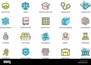 Set of vector crime, law, police and justice colored line icons with titles. Sheriff star badge, jury, defendant, judge, officer, cop, prisoner, bandit, fingerprint, prison cell, auction hammer, libra, handcuffs, column and more Stock Vector Image & Art - Alamy