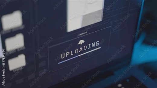 Close up on computer screen progress bar uploading files and docs to cloud. Stealing information from remote government agency server or archive. Top secret classified reports copying into folder