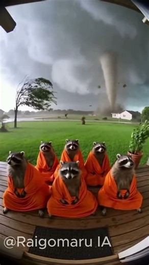 Increíble calma: Mapaches monjes ignoran un tornado detrás de ellos 😂