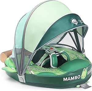 Mambobaby Float Upgrade Add Tail Baby Float with Canopy for Infant Waist Swimming Ring Swim Trainer Non-Inflatable Floats Toys with Adjustable Safety Strap (Green - Crocodiles)