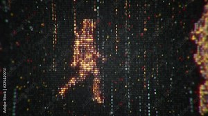 Abstract background with animation flickering binary digits and earth symbol walking human from binary digits. Animation of seamless loop.