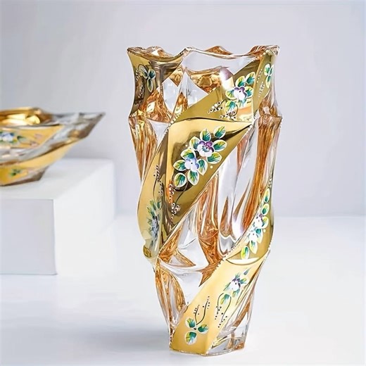 Luxury Golden Enamel Glass Vase with Boho & European Style, Elegant Flower Vase for Centerpieces, 9.1 in Premium Bohemia Crystal Vase for Boho Home Décor, Easter and Seasonal Celebrations