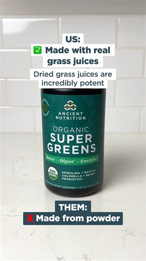 We do greens better and we’re not holding back. Organic SuperGreens has 25 or more superfoods and: …is actually organic. USDA Certified Organic ✅ …is made from real, grass juices 🌱 …has delicious flavor options without added sugar, stevia or fillers 🥭🍓 Try it today! | Ancient Nutrition