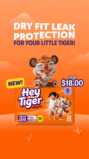 Playtime, Protected! 🤸 Try NEW Hey Tiger Nappies & Nappy Pants 🧡 Made with DryFit Leak Protection and up to 12 hour absorbency - keeping messes contained and your little one comfortable, day or night. 💦 Up to 12 Hour Absorbency 🥼 Dermatologically Tested 💰 Money Back Guarantee* Shop Hey Tiger Nappies at The Warehouse From ONLY $18.00 per pack! bit.ly/4nliUzt - *Visit www.heytigerdiapers.com/en-nz/guarantee for full T&Cs. | Hey Tiger Diapers
