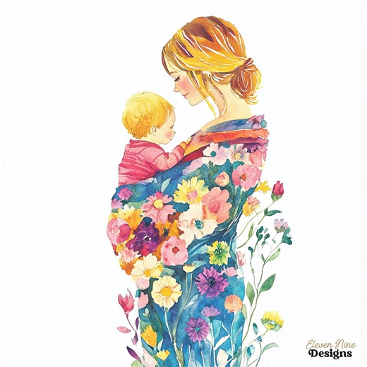 Mothers Clipart, Floral Mom Clipart, Watercolor Mothers Day, Printable Mom and Baby Jpg, Journal Scrapbook Mom and Child Art, Family Clipart - Etsy