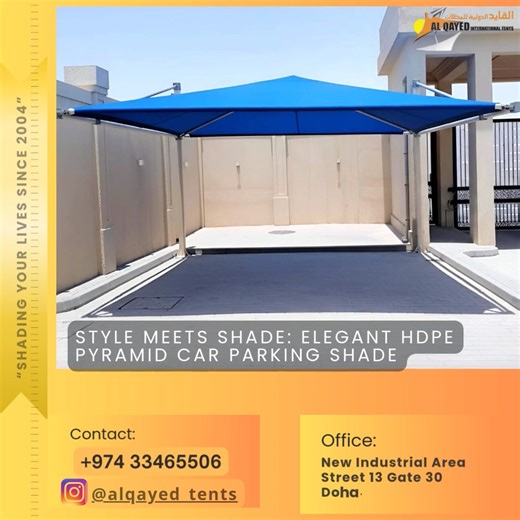 AL QAYED INTERNATIONAL TENTS on Instagram‎: "☎️: 33465506 : Customer Service Hotline Upgrade your outdoor parking space with Al Qayed International Tents' custom-designed HDPE fabric car shades, such as the elegant and functional Fabric Car Parking Shade - Pyramid/Cantilever Design - Waterproof and Non-waterproof available. ✉️: info@qayedtents.com:الأيميل 🌐: www.qayedtents.com :موقعنا ‎أوقات العمل: من السبت إلى الإربعاء من الساعة 8:00 صباحا ‎الساعة 5:00 مساءا - ‎الخميس: فترة واحدة من الساعة 8:0