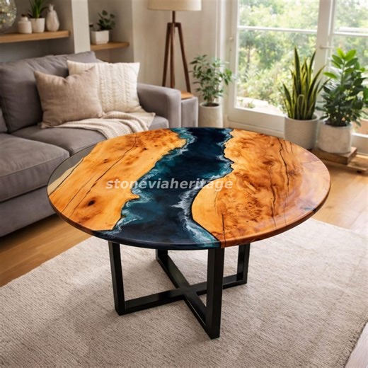 Round Wood Epoxy Table, Handmade Resin River, Natural Acacia Wood, Custom Bar Coffee Countertop - Etsy