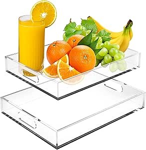 Acrylic Serving Tray Set of 2-16x12 & 15.4x11.9 Inch Clear Luxury Trays for Kitchen, Dining, Bathroom Organizer - Non-Slip, Scratch-Resistant, Spill-Proof Design - Ideal Gift for Housewarming, Parties