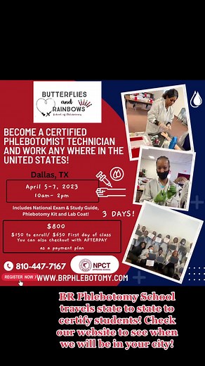 3 Days is all it takes to become a Certified Phlebotomist Technician with BR School of Phlebotomy. It gets real hands on in here! .Now enrolling for our March and April class schedule, it’s just 3 days. .Visit www.brphlebotomy.com or call 810-447-7167 to enroll and learn more!#phlebotomy #phlebotomytech #cna #ekg #nurse #love #caring #newcareer #butterflies #rainbows #phlebotomyclass #texas #michigan #BRPhlebotomy#phlebotomylife #phlebotomytutor #dfw #phlebotomytraining #career #alringt