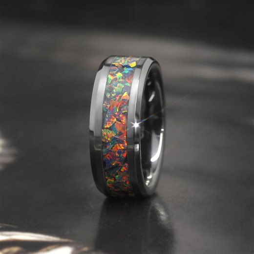 Black Fire Opal Inlay Wedding Band: Black Ceramic, Comfort Fit, Personalized Custom Engraved Ring - Etsy