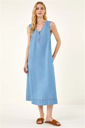 Light Denim  Zip Front Sleeveless Midi Dress | Roman UK