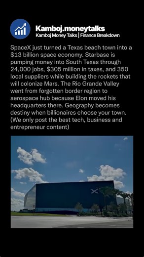 SpaceX just turned a Texas beach town into a $13 billion space economy. Starbase is pumping money into South Texas through 24,000 jobs, $305 million in taxes, and 350 local suppliers while building the rockets that will colonize Mars. The Rio Grande Valley went from forgotten border region to aerospace hub because Elon moved his headquarters there. Geography becomes destiny when billionaires choose your town.
