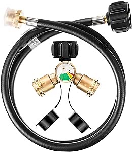 Meonum Propane Splitter, Propane Tank Splitter 2 Way with 4 Feet Propane Refill Adapter Hose, Propane Y Splitter, Dual Propane Connection Kit with Shut Off Valve for Grills, Heater