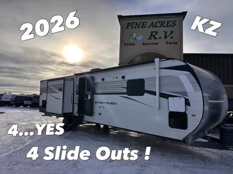 2026 KZ Sportsmen SE 344BHKSE 4 Slide Outs ! Sale Priced at $68,900 and 5.99% is available for up to 20 years. $299 bi-weekly, tax included with no $ down ! --Outside Kitchen --Huge Bunk Room for the Kiddos --4 Slide Outs ! --Queen Bed Slide Out for Mom and Dad --Pantry --30" Fireplace --TV --Interior Centre Island for pictures and much more information.... Link to our website: https://www.pineacresrv.com/product/new-2026-kz-sportsmen-se-344bhkse-4-slide-outs-!-3288014-29 If you've been looking 