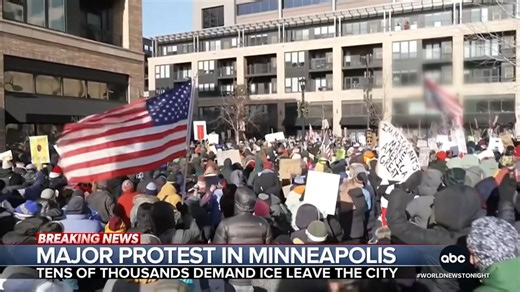 More than 20,000 braved the brutal cold in Minneapolis for a city-wide protest against ICE. It comes as ICE officials defend their agents' actions after taking a 5-year-old into custody after the arrest of his father. Matt Rivers reports. https://abcnews.link/K0NbFSw | ABC World News Tonight with David Muir