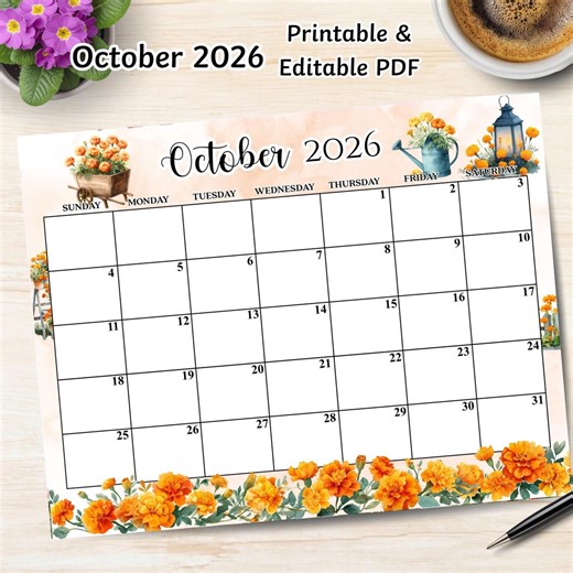 October Birth Month Flower Calendar, PDF Editable, Spring Floral Printable Planner, 2026 Digital Calendar, Instant Download - Etsy