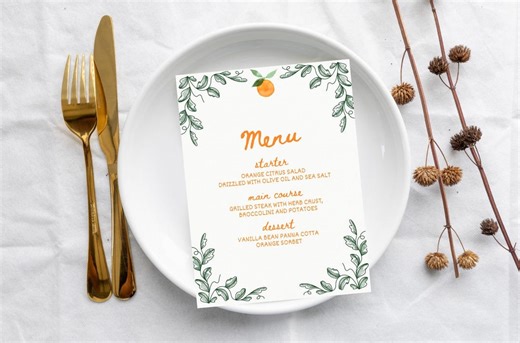 Orange Themed Dinner Menu Template • Printable Table Menu • Editable - Etsy