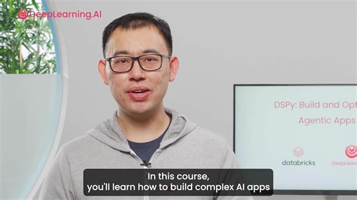 In case you missed it, this week we launched "DSPy: Build and Optimize Agentic Apps." In this course, you'll: ✅ Learn the fundamentals of DSPy and how to use its signature and module-based programming model to build modular, traceable, and debuggable GenAI agentic applications. ✅ Build agentic applications by chaining DSPy modules like Predict, ChainOfThought, and ReAct, and use MLflow to trace and debug your programs. ✅ Optimize your GenAI apps with DSPy Optimizer by automating prompt tuning an