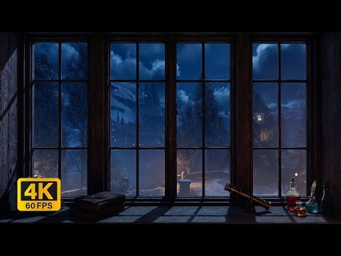 4K Harry Potter Hogwarts Winter Window View - Snowy Wind Ambience for Sleep and Study