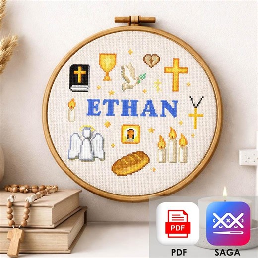 First Holy Communion Cross Stitch Pattern PDF, Personalized Boy Communion Sampler, Christian Baptism Gift, DIY Name Embroidery Pdf & Saga - Etsy