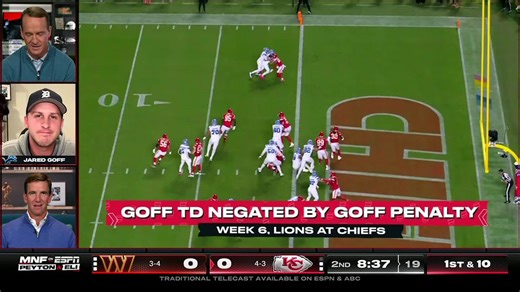 Jared Goff reacts to receiving TD wiped out by penalty vs. Chiefs | ‘ManningCast’