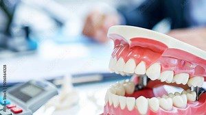 Close-up of a model of upper and lower human teeth, which is used in dental consultations, in the background there is a calculator and a person who calculates the cost for dental services, insurance