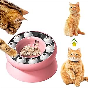 Interactive Cat Slow Feeder Bowl - Cat Food Puzzle Feeder with Rotation Puzzle Designs, Indoor Toy for Healthy Weight (Light Pink)