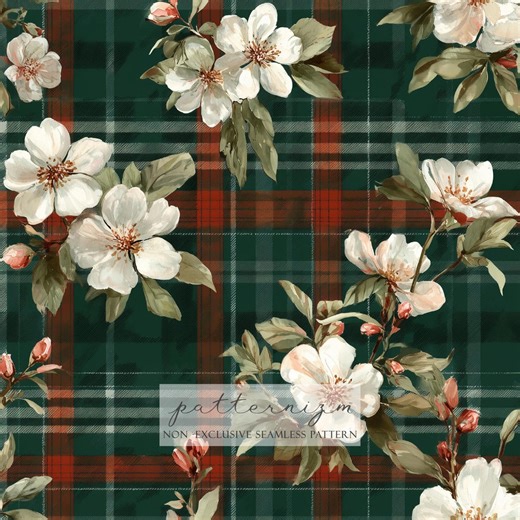 Seamless Magnolia Plaid Pattern Digital Download – Green Tartan Floral Repeat Design, Grandmillennial Printable Fabric - Etsy
