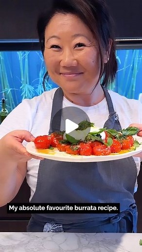 Nagi & Dozer - RecipeTin Eats on Instagram: "My absolute favourite way to eat burrata!! Messy but delicious 😋 - N x ❤️ Bursty tomato burrata salad 200g/ 6 oz x 1 fresh burrata cheese (Aus: Paesanella is my go-to) 1/4 cup basil pesto, preferably homemade, recommended but not essential ROASTED TOMATO: 500g/ 1 lb (4 cups) cherry or grape tomatoes 2 tbsp extra virgin olive oil 2 tbsp eschalot, finely chopped (US: shallot), ~1/2 small 1/2 tsp cooking/kosher salt 1/4 tsp black pepper 2 tsp sherry vin