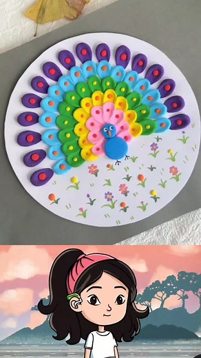 Paper Craft Ideas on Instagram: "Making a beautiful peacock 3d drawing using clay. Shape the outer curve of the feathers with clay, using a small round piece and spreading it to form the feather. Repeat this process, changing colors as you move inward, adding a tiny ball of clay to each feather. Finally, shape the peacock’s body and face in the center. Your 3D peacock is ready!"