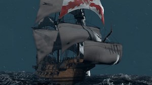 3D animation showing a wooden shipwreck breaking apart in strong winds during a powerful storm